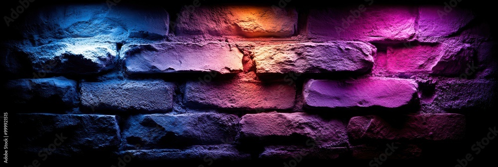 Poster Brick wall illuminated with vibrant hues of blue, orange, and purple, creating a dynamic and abstract display of color and texture.