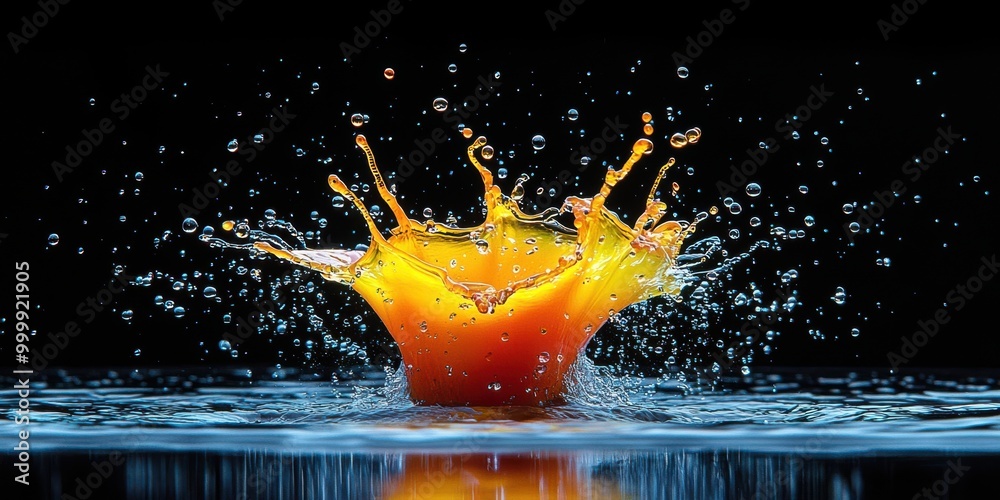 Poster a vibrant splash of liquid, creating a crown-like form as it collides with the surface, surrounded b