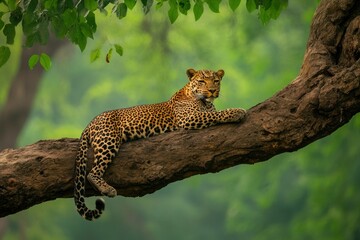 wild male leopard or panther or panthera pardus relaxing sitting on tree trunk branch in monsoon season safari and in natural scenic green background.generative ai