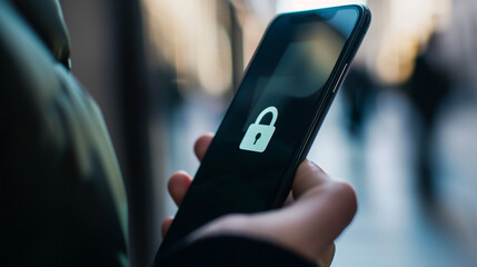 Close-up of smartphone screen with privacy lock icon and hand partially covering it, highlighting the significance of phone security and personal data protection.