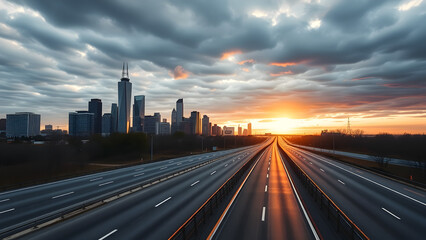 Fototapeta premium Modern city skyline with empty highway at sunrise, Generative AI