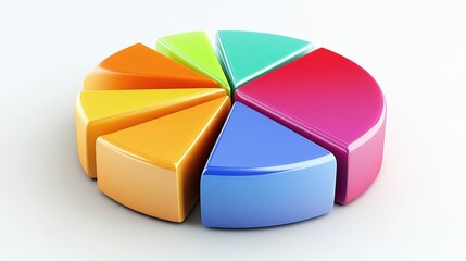Obraz premium A vibrant 3D pie chart with multiple colorful segments, representing financial data distribution, set against a white background for a clean, modern look.