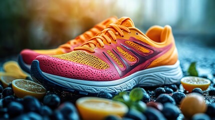 running shoes and healthy food composition