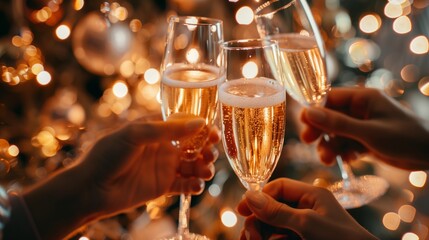 People's hands holding glasses of champagne on Christmas Eve. The atmosphere of happiness and celebration