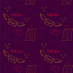 Valentine's Day - seamless pattern with the inscription - with love. Vector background - attributes of Valentine's day - love letters, romantic candles, hearts, lips and glasses with champagne