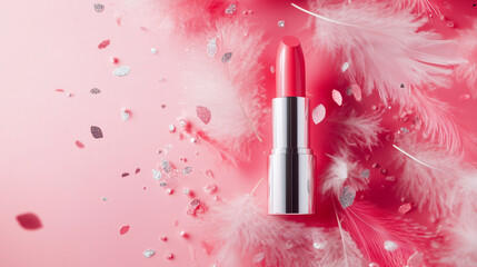 Glamorous pink lipstick surrounded by soft feathers and sparkles