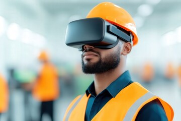 A construction worker wearing a virtual reality headset, focused on immersive technology, set in an industrial environment.