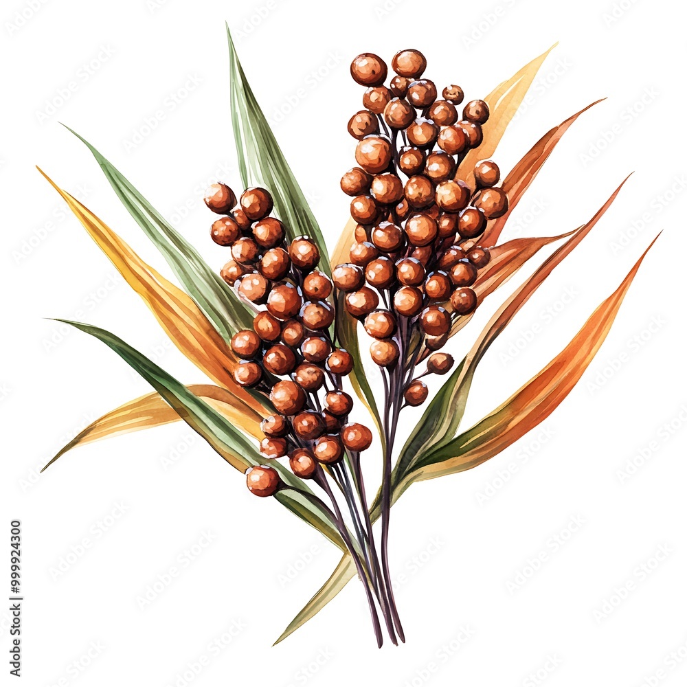 Canvas Prints Watercolor Illustration of Brown Berries with Green and Orange Leaves.