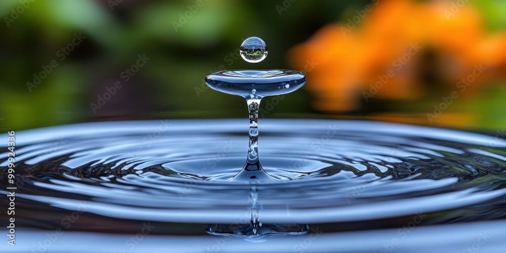 Poster a single water drop creates ripples and a stunning reflection on the surface of water