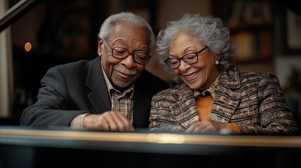 senior couple playing on piano together at home
