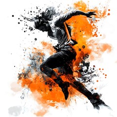 Silhouette of a man jumping in mid-air, with orange and black paint splatters.