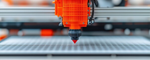 A close-up view of a 3D printer nozzle positioned above a patterned print bed, showcasing the intricate details of a modern 3D printing setup.
