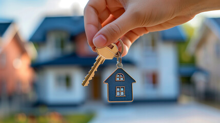 A hand holding keys in front of a house, symbolizing property, real estate, and home ownership