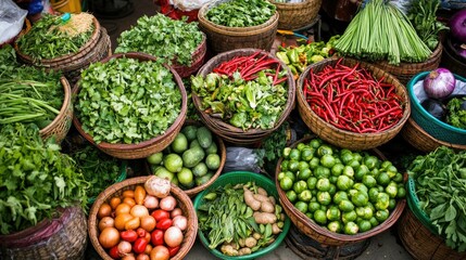 Fototapeta premium A vibrant market scene with a variety of fresh herbs, vegetables, and spices commonly used in Vietnamese cooking, emphasizing the importance of fresh ingredients
