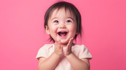 A baby with dark hair and big eyes smiles at the camera.
