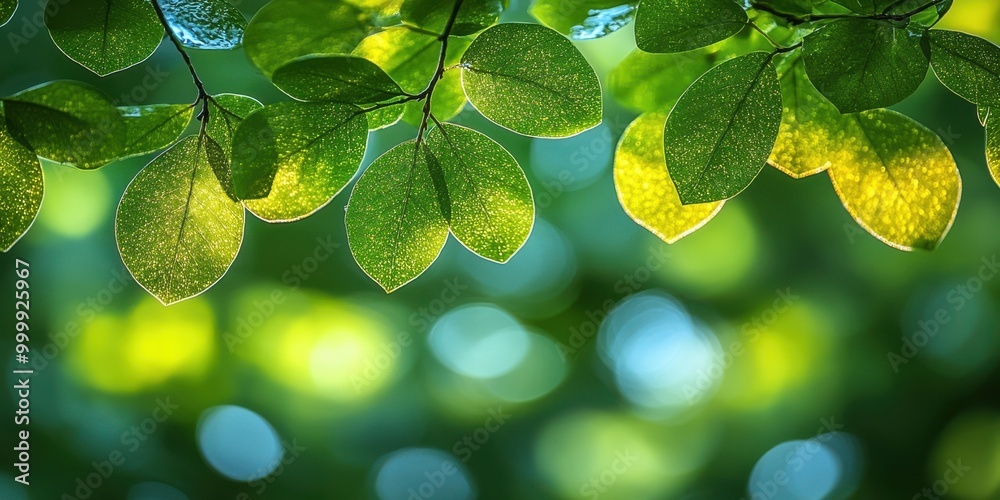 Poster a vibrant green leaf canopy illuminated by a gentle sun, creating a natural bokeh effect