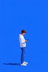 Naklejka premium A man looking through his smartphone, with a cinematic and simple 2d animation style.