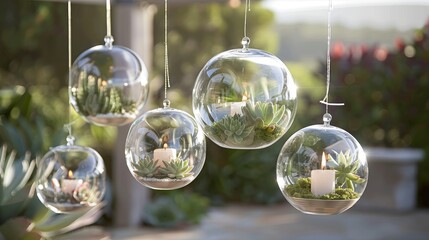 A group of floating glass terrariums with candles 