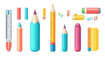 Obraz premium A set of colorful school supplies featuring a ruler, glue stick, and colored pencils, in flat style on a white background, Children s School Supplies, Fun and educational