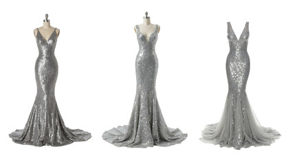 Elegant Silver Sequin Evening Gown on Mannequin Display white background,Png