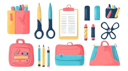 Obraz premium Cute flat of children s stationery such as a pencil case, markers, scissors, and a notebook, on a white background, Kids School Supplies, Colorful and creative