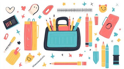 Flat illustration of colorful school supplies like a pencil case, ruler, markers, and erasers, on a white background, Children s School Supplies, Bright and educational
