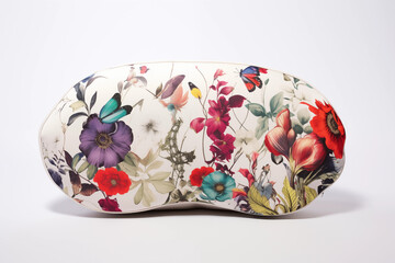 A soft, plush neck cushion in a U-shape, covered with a velvety fabric. The cushion is placed on an airplane seat, with a traveler resting comfortably. with smooth stitching and memory foam support.
