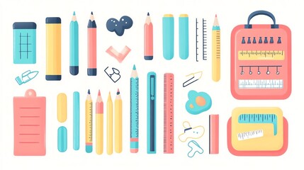 Flat illustration of colorful school supplies like a pencil case, ruler, markers, and erasers, on a white background, Children s School Supplies, Bright and educational