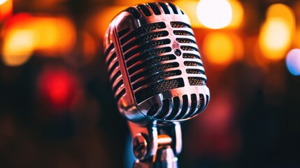 A vintage-style microphone on a wooden table, with soft lighting creating a nostalgic atmosphere, perfect for a radio show or classic performance.