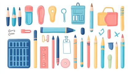 Flat of children s school tools like crayons, glue, erasers, and paper clips, isolated on a white background, School Supplies, Fun and creative learning tools