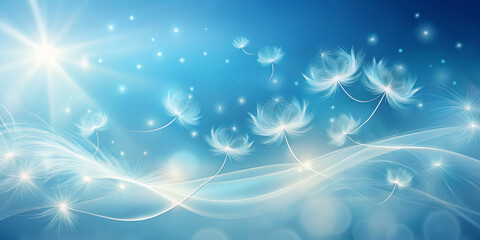 Ethereal wisps drift lazily across serene canvas of soft blue hues, creating tranquil and dreamy atmosphere filled with light and delicate beauty