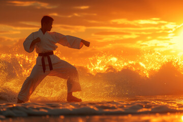 Martial artist practices karate on beach during vibrant sunset, capturing the essence of discipline and nature beauty, karate kid emphasizing balance between physical prowess and inner peace