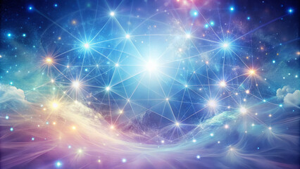 Fototapeta premium Celestial wisps of energy coalesce into shimmering nexus, creating mesmerizing cosmic scene filled with vibrant stars and ethereal light. beauty of universe unfolds in harmonious display