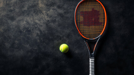 A tennis racket and ball resting on a dark textured surface during a quiet afternoon