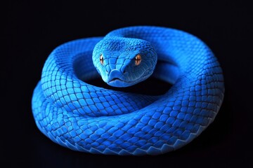 Fototapeta premium 3D Illustration of Blue insularis viper venomous snake isolated in dark black background .generative ai