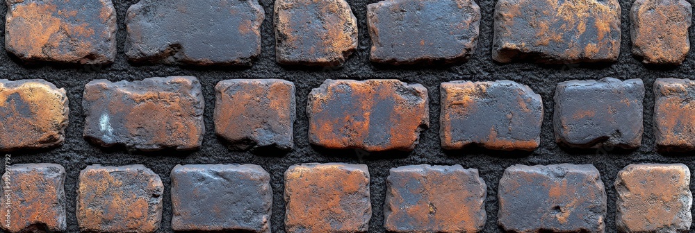 Poster a close-up shot of a stone wall with a dark grey mortar, showcasing the intricate details of the rus