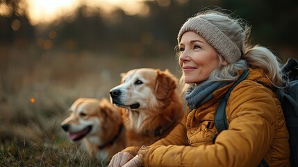 senior woman having break during walking her three dogs in forest