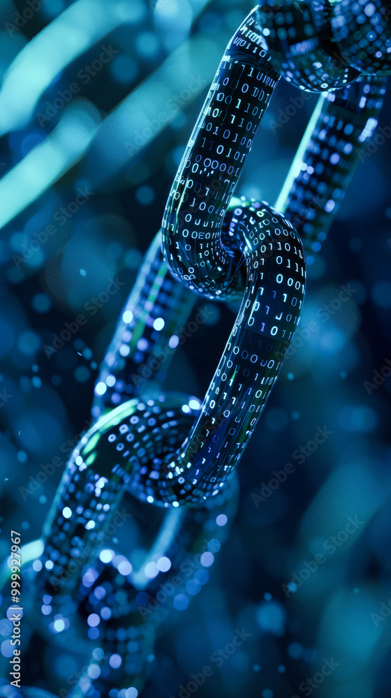 Poster digital blue chain with binary code on a dark background