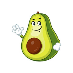Cute avocado cartoon character waving with a smile. Illustration for healthy food, vegan diet, and fruit mascot.