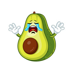 Cute avocado character crying with sad expression. Illustration of cartoon food mascot.
