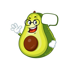 Smiling avocado cartoon character wearing glasses and waving with a speech bubble.