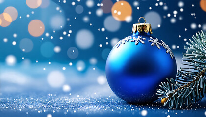 Merry Christmas background decoration. Xmas Banner with Text Space. Happy New Year background. Blue Christmas tree bauble. Happy Holidays greeting card. Winter Xmas Holiday Theme. 