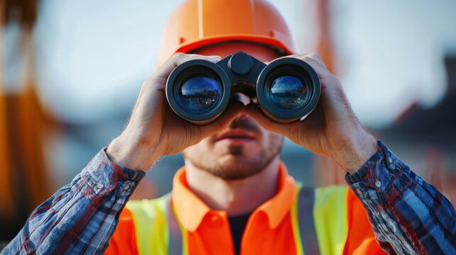Construction Worker Using Binoculars for Site Inspection and Supervision