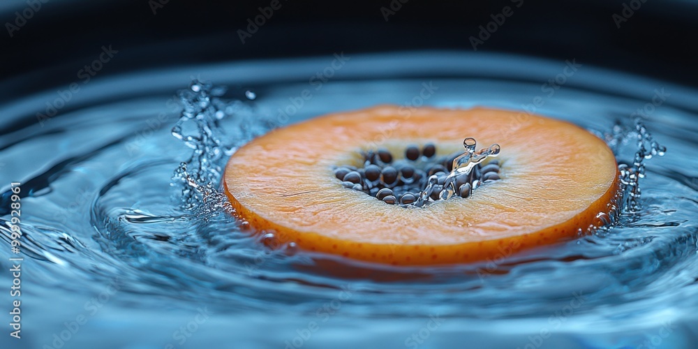 Aufkleber A single slice of ripe orange fruit with black seeds sinks into a pool of clear water, creating a rippling effect and a cascade of droplets