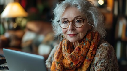 senior woman with laptop working in home office