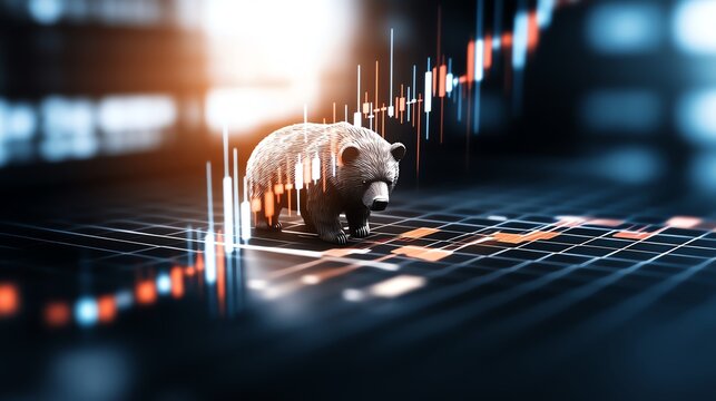 Stock market bearish trend concept depicted with a bear figurine and declining graph against a futuristic background, representing market downturn.