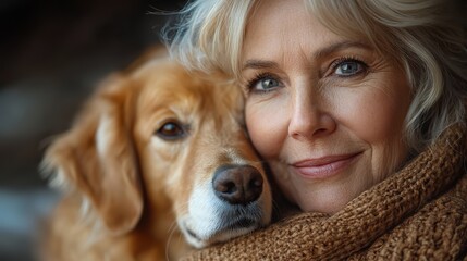 senior woman with pet dog indoors at home relaxing