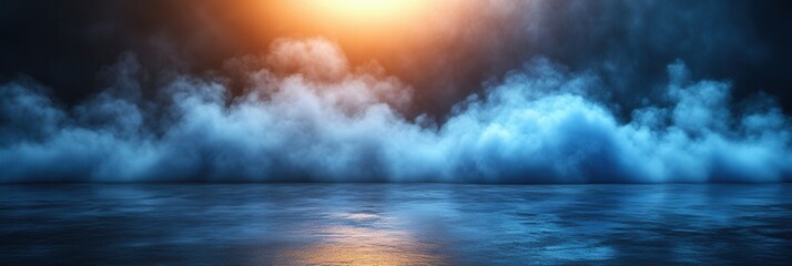 Obraz premium An ethereal dreamscape of swirling blue and white smoke above a rippling surface of water, illuminated by a distant golden light.