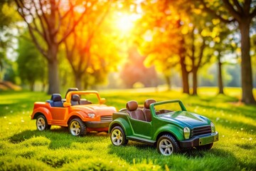 Colorful Battery Powered Cars for Kids in a Playful Outdoor Environment with Green Grass and Trees