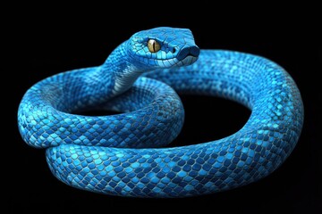 Obraz premium 3D Illustration of Blue insularis viper venomous snake isolated in dark black background .generative ai